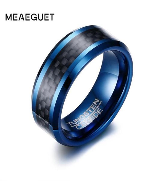 Meaeguet Trendy 8MM Blauer Wolframcarbid-Ring für Herrenschmuck, schwarze Carbonfaser-Eheringe, USA-Größe S181016074582945