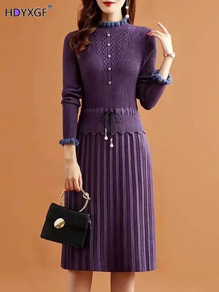 Lässige falsche zwei Stücke Falten gestricktes Kleid Frauen Vintage Langarmboden Bottoming Pullover Kleider Fall Elegant Slim Midi Vestidos 231225