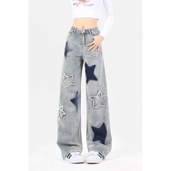 Amerikanische Ragged Edge Design Stern Muster Jeans Herbst Männer und Frauen Retro Lose Breite Gerade Bein Denim Boden Ziehen Hose