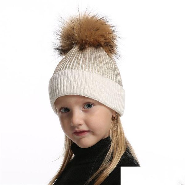 Шляпа шляпы шерстяная вязаная зимняя шляпа для детей девочки мальчик золото спертолочное черное металлическое принт шапочка настоящий меховой помпе