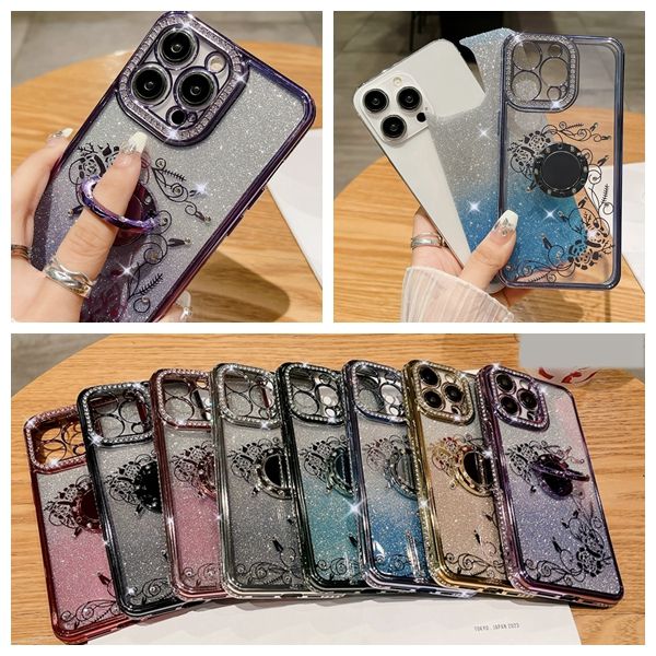 Bling Diamond Flower Case cromato per iPhone 15 Plus 14 Pro Max 13 12 11 Rose Gradient glitter Rhinestone Metal Angel Holding Porta TPU METALLICA TPU