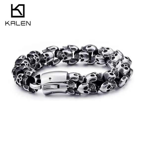 Kalen grande aço inoxidável brilhante crânio charme pulseiras men039s pulseira menino punk esqueleto moda jóias presente para grandes men9863792