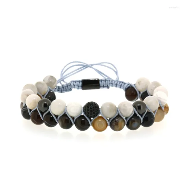 Braccialetti di fascino da 6 mm rotondo marrone grigio grigio onice in pietra di pietra nera cz cz a doppio strato avvolgente bracciale per macrame intrecciata regolabile per uomo