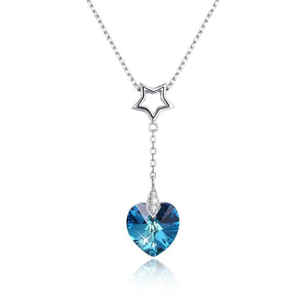 Menrose Genuine S925 Sterling Silver Heart Crystal Pingente Colar Sapphire Blue and Gold 2 Colors Fashion Trends Presente de joias FO2652