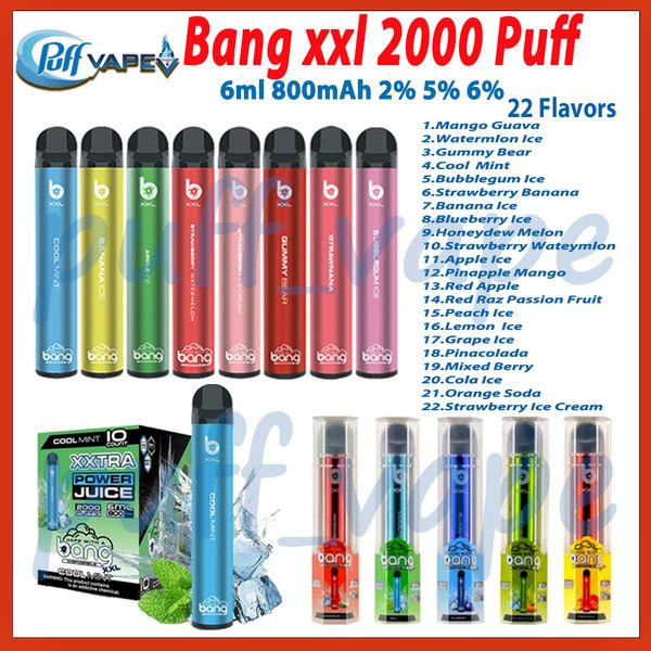 Original Bang XXL 2000 Puff E Zigarette 800 mAh Bettery 6ml Mesh Spule 2% 5% 6% Stufe Puffs 2K 22 Aromen Einweg -Vape