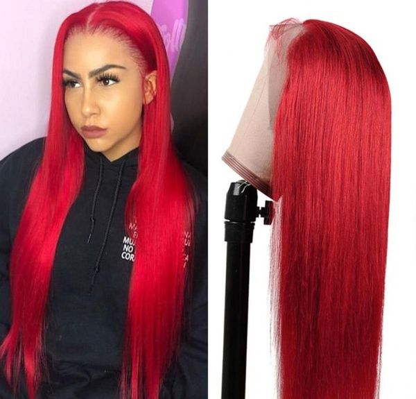 Peruca de renda reta longa peruca vermelha de cor brasileira perucas de cabelo humano para mulheres 28 polegadas pré -explodidas HD Synthetic WIG8072183