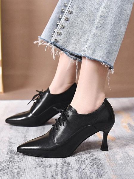 Elbise Ayakkabı Zarif Moda Lady High Teels Saçlı Sığ Zapatos Ön Dantel Yukarı Katı Sapatos Feminino Seksi Kadınlar Çıplak 5cm