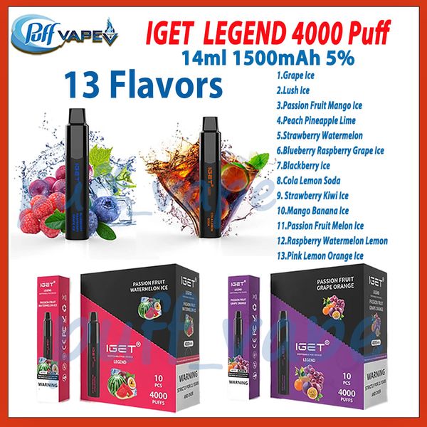 Аутентичная легенда Iget 4000 Одноразовые вейп -эгареты набор для устройств мощного батареи 1500 мАч.