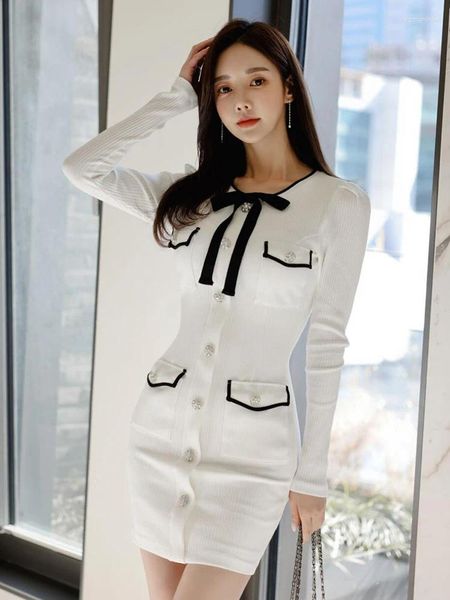 Vestidos casuais moda coreana outono inverno malha vestido curto mujer mulheres senhoras camisola o-pescoço manga longa magro vestidos elásticos