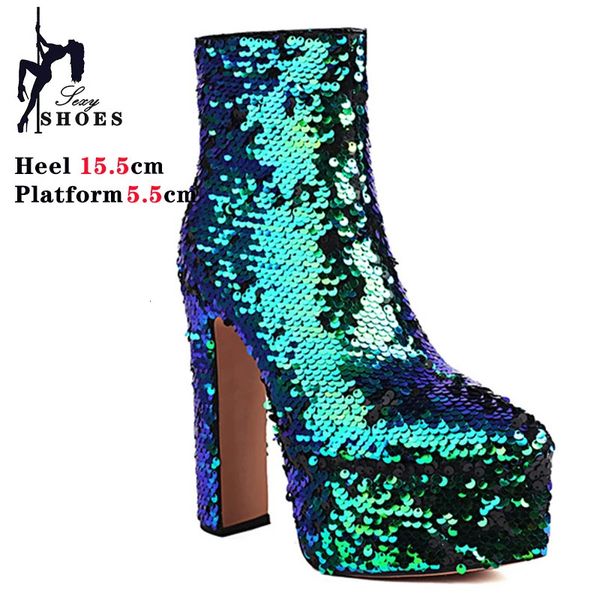 Mulheres prateadas lantejoulas tornozelo botas plataforma super salto alto inverno apontou festa sapatos femininos bling brilhante botas curtas 231225