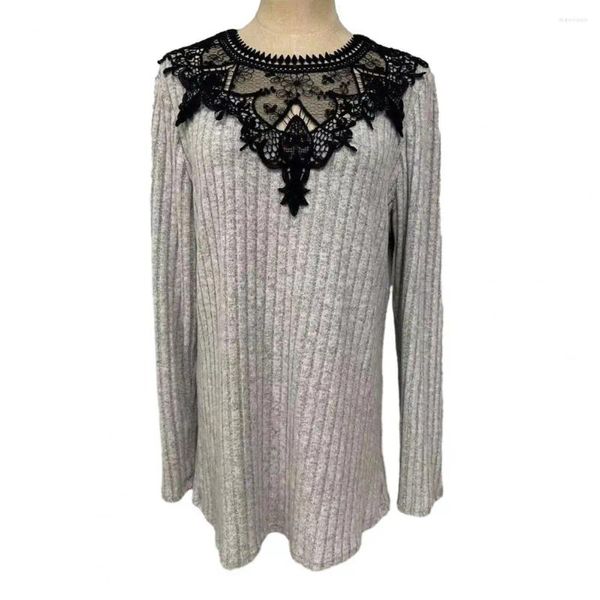 Frauenblusen runder Nackenbluse Stilvoller Spitzen Patchwork Pullover für Herbstfrühlungen Langarm warm warmes Oberteil mit Hohlaus