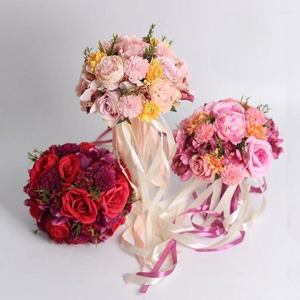 Fiori decorativi Dia 24 cm Bride artificiale Sposa portatile Matrice di nozze bouquet coreano decorazione della casa rosa