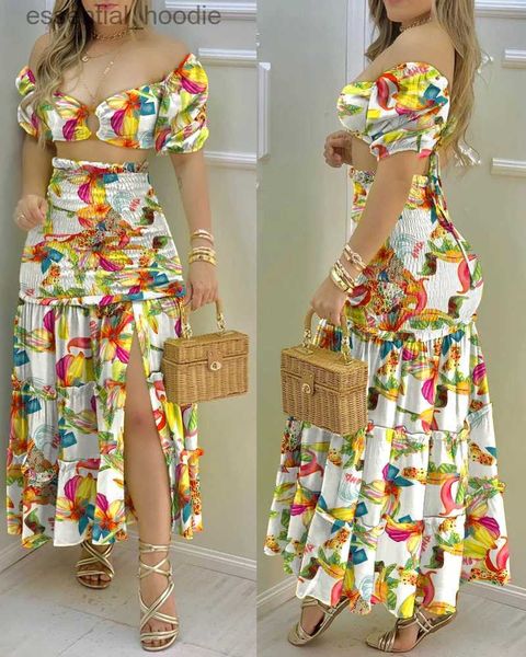 Abito da due pezzi Summer Fashion Holiday Floral Print O Neck Crop Top Shirr +Flitta High Wons Women Maxi Skirt Set 2022 Fe Fashion New L231225