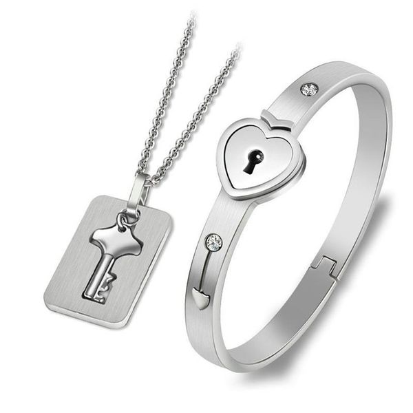 Sevgililer Günü Hediyesi Bir çift mücevher seti paslanmaz çelik aşk kalp kilidi bilezikler bilezikler anahtar kolye kolye çiftleri2114