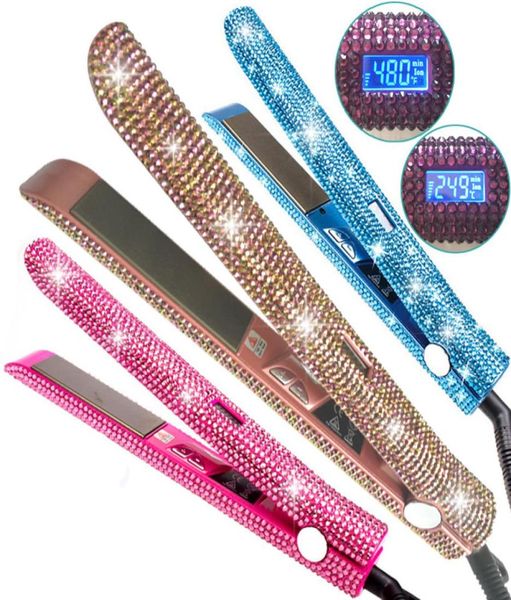 Kristall -Strass -Haarglatt Titanplatte flachem Eisen mit LCD Digital Display Frauen Haarpflege Styling Tools2137382
