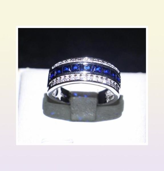 Exquisiter Herren-Markenring aus 10 Karat Weißgold mit blauem Saphir und CZ, runder Kristallschmuck für Hochzeit, Verlobung, Geschenk, Größe 812, 4269783557557