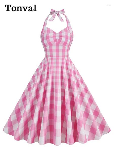 Lässige Kleider Tonval Pink Gingham Baumwolle Pinup Robe Frauen geraffte hohe Taille rückenfreie Rockabilly Party Swing Kleid Vintage Kleidung