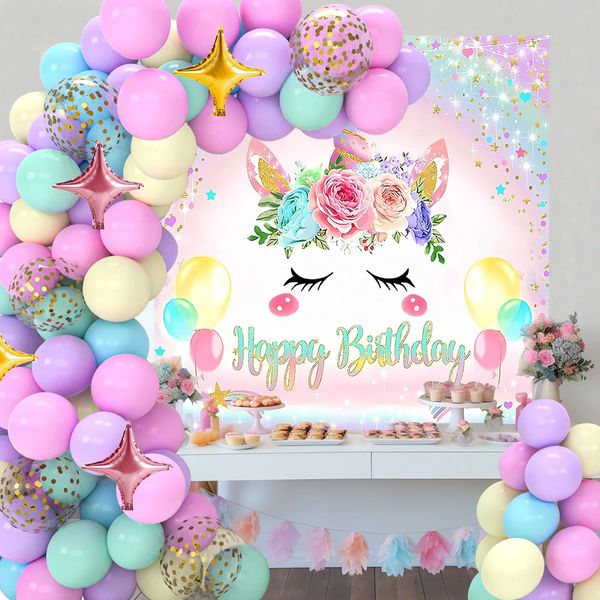 Einhorn Hintergrund Ballon Girlande Bogen Kit Geburtstag Party Dekoration Kinder Ballon Zubehör Baby Dusche 231225