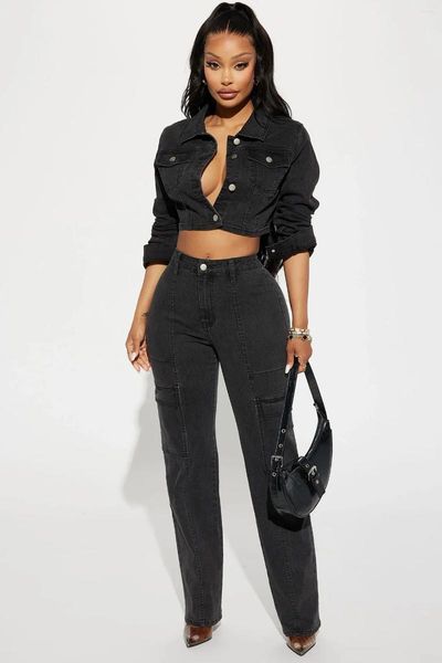 Zweiteilige Hosen schwarzer Stretch Denim Club Outfits sexy Frauen Stücke elegante Jeans Casual Matching Set Top