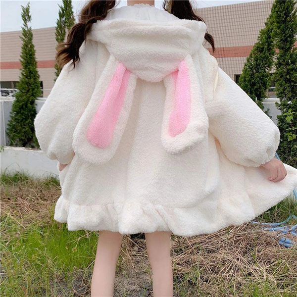 Kawaii hoodies mulheres lolita inverno quente lambswool oversized moletom bonito orelhas de coelho manga longa zip up jaqueta de lã com capuz 231225