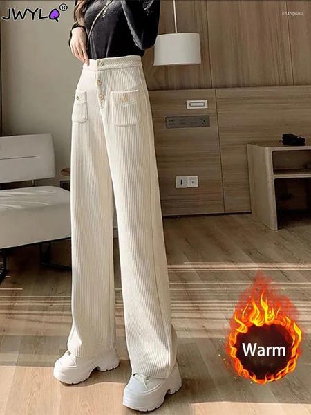 Pantaloni da donna Inverno Spessore Caldo Velluto Gamba Larga Donna Autunno Design Bottoni Velluto a coste Pantalones Ufficio in pile Eleganti Pantaloni larghi