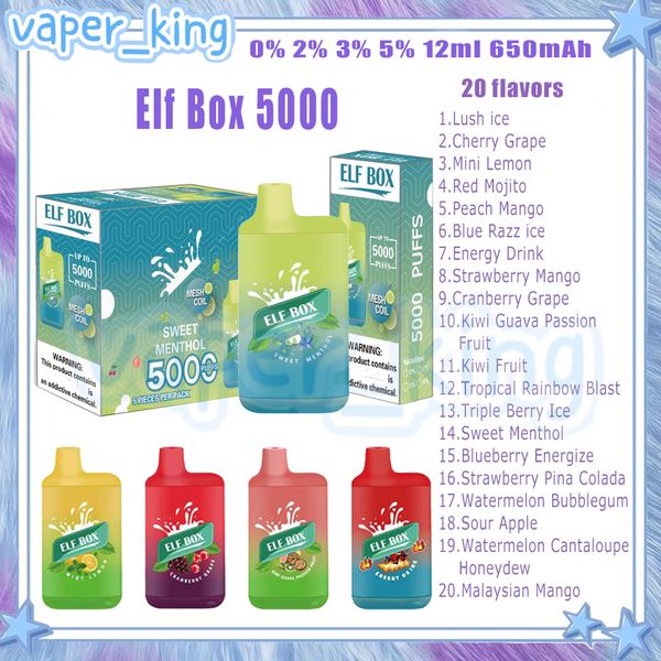 Elf Box 5000 Puffs E Sigarette Mesh Coil 12ml Pod 650 mAh Batteria Cigs elettronici Puffs 5000 0% 2% 3% 5% 20 Sapori Vape Pen Prodotto di alta qualità per sigaretta elettronica