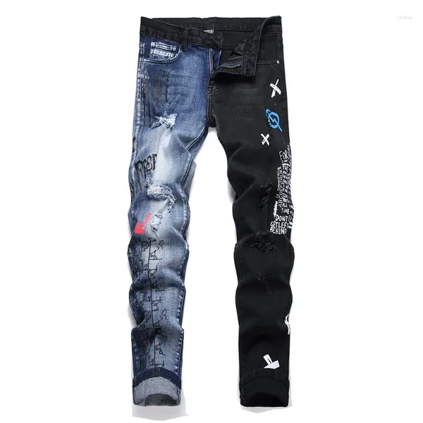 Jeans da uomo Blu Nero Patchwork High Street Bellissimi pantaloni in denim con tasche rivettate con stampa strappata slim fit