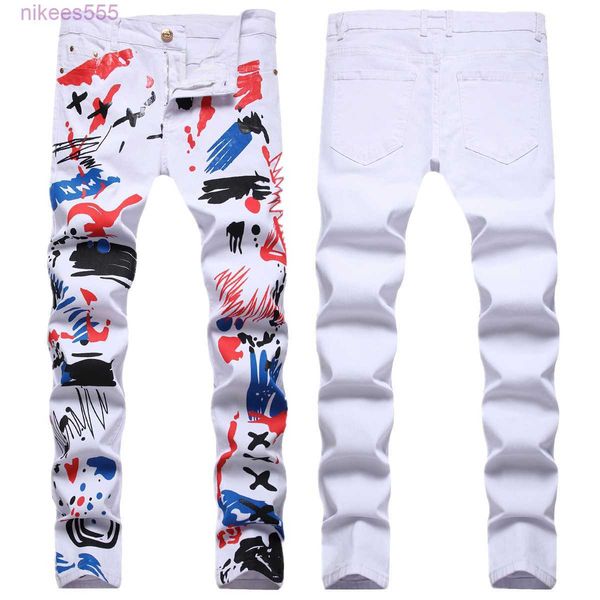 Designer Trendy Street Hip Hop Rock Style con stampa digitale multicolore Elastico Slim Fit Jeans dritti da uomo