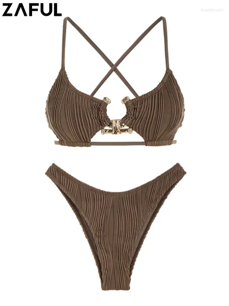 Costumi da bagno da donna ZAFUL Costume da bagno incrociato con cut-out per donna Hardware in metallo testurizzato Gamba alta Bikini sfacciato imbottito con cravatta senza schienale