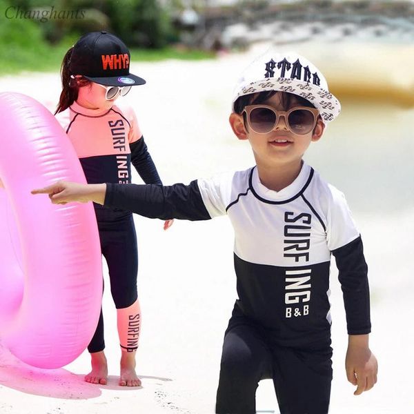 Одежда для детей, костюм для серфинга с длинными рукавами для девочек, розовый, белый, черный, 212 лет, купальник из двух частей для мальчиков, одежда для купания для детей