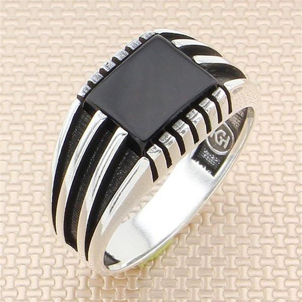 Ringos de cluster Quadrado Onyx Stone Men Silver Ring com motivo simétrico feito em Turquia Solid 925 Sterling260s