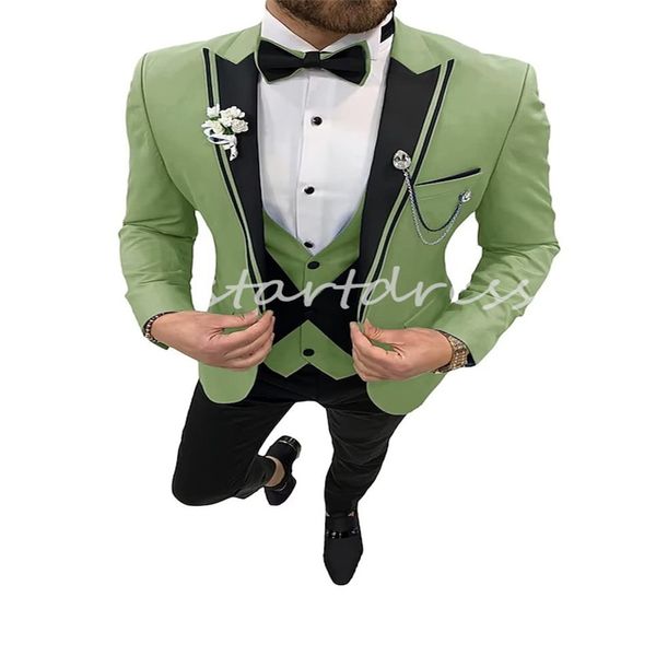 Tuxedo de casamento verde bonito para homens com calça de colete fino fita Fit Fit Bege Wedding Terno de casamento Prom Jantar sob medida de 3 peças