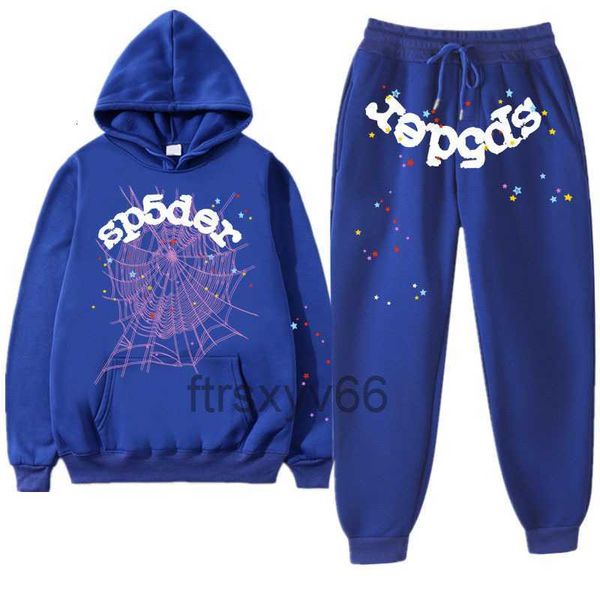 Tracksuits Masculinos Azul Sp5der 555555 Hoodie Homens Mulheres Tracksuit Spider Web Impressão Calças e Sportswear Streetwear Young Thug Pulôver Conjuntos 230306 X5LX