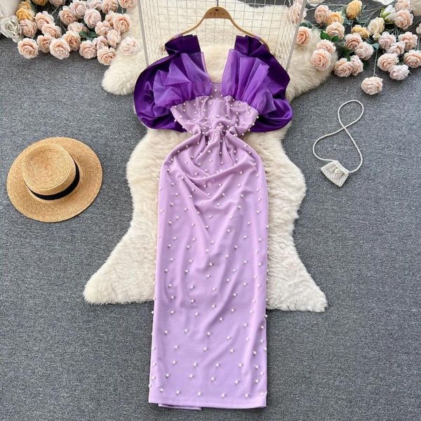 Lässige Kleider Foamlina gesticktes Fackeln Party Kleid Frauen elegant Rückenlosen Perlen für den Abschlussball Slim Fit Purple Even