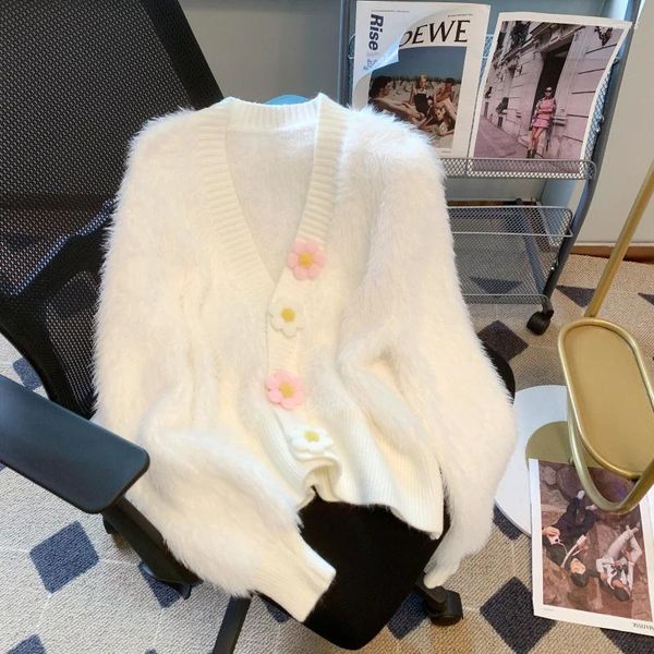 Malhas femininas super fadas Mink Piush Sweayer 3D Button Flower Cardigan Autumn/Winter-deco