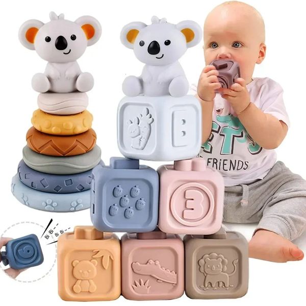 Montessori Spielzeug Baby Silikon Bausteine für Babys Squeeze Stacker Zahnen Spielzeug Frühes Lernen Spielzeug Kleinkind Jungen Mädchen 231225