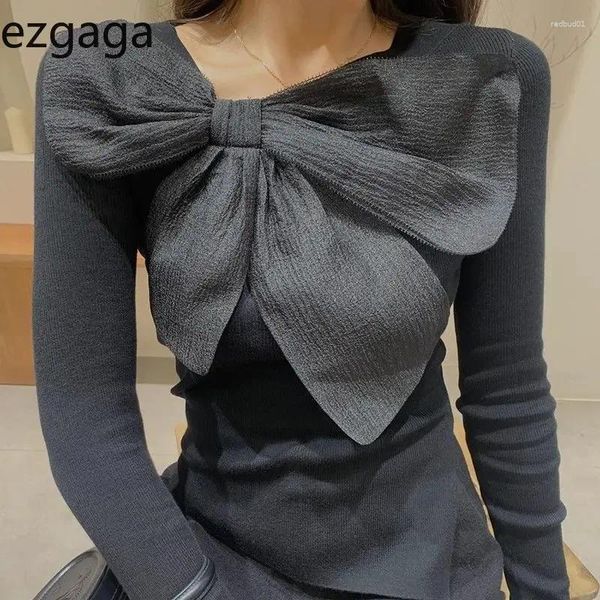 Damen T-Shirts Ezgaga Elegante Crop Tops Frauen Bogen Diagonaler Kragen Langarm 2023 Winter Ins Mode Chic Basic Weiblich Casual