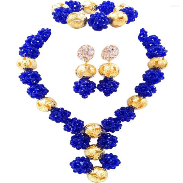 Orecchini di collana set per perle di cristallo blu reale di gioielli africani 1SJQ-06