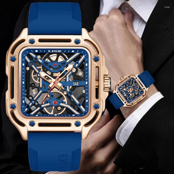 Armbanduhr Lige Herren Uhren Square Quarz Hollow Design Luminous Auto Date Watch Men 3BAR wasserdichte Silikonmann Wach Box