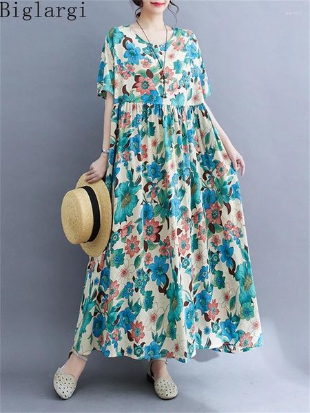 Abiti da festa oversize moda estiva pullover vintage donna abito floreale casual cotone sciolto coreano donna fiore di grandi dimensioni lungo