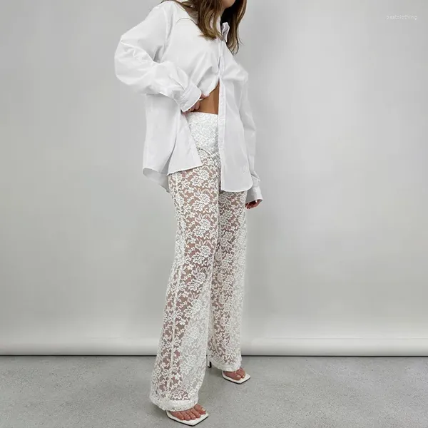 Calças femininas gtpdpllt veja através de renda floral para mulheres roupas de moda elegante na cintura alta perna larga preta branca y2k calças