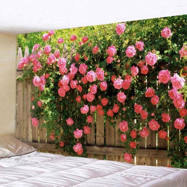 Taquestres Flores da primavera Cerca de madeira tapeçaria natureza rosa rosa planta flor parede pendurada na janela do jardim cenário