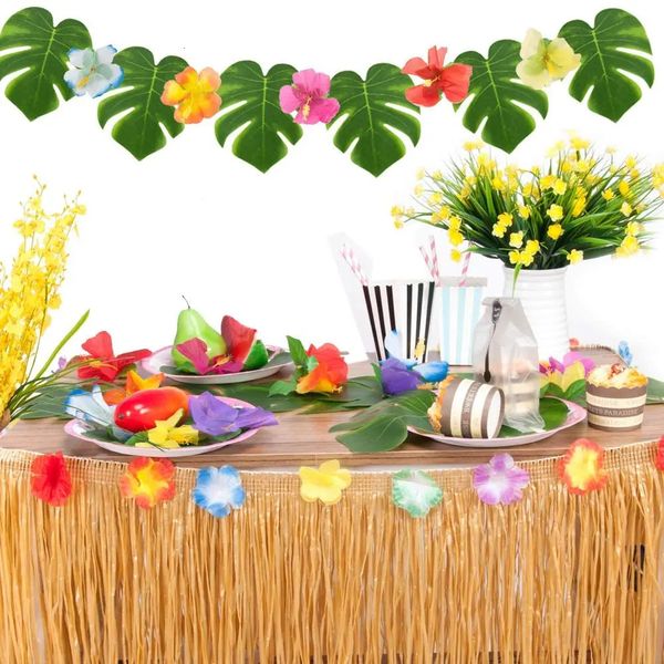 Гавайские тропические украшения для вечеринки 275x75 см Луау Юбка для стола с травой Пальмовые листья Цветы гибискуса на свадьбу, день рождения 231225