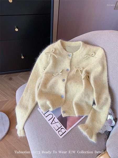 Magliette da donna 2023 Autunno inverno Donne a maglia cardigan a maglia giapponese in stile preppy sweet bow maglione oversize giallo jumper 2000