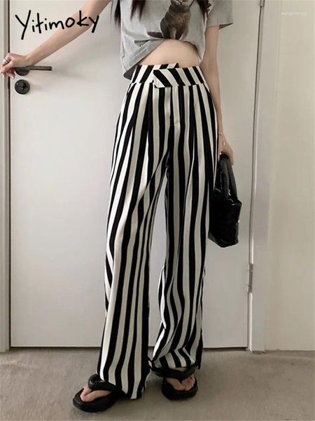 Женские брюки Yitimoky в полоску с высокой талией, весна 2023, корейская мода, шикарные широкие женские элегантные брюки полной длины