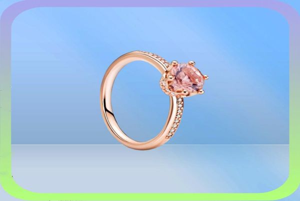 Novo anel de ouro rosa 18k diamante vermelho espumante coroa solitaire anéis de casamento para prata 925 com caixa de varejo original sets1283693