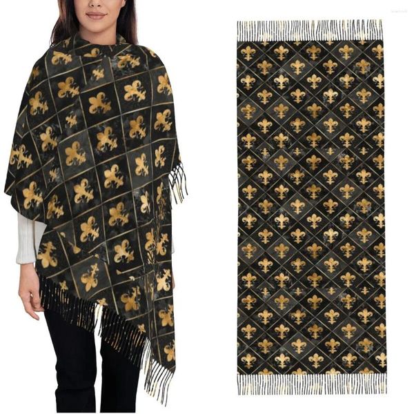 Schals Fleur de Lys Schwarzer Marmorschal für Frauen Herbst Winter Pashmina -Schals und Wickel lang groß mit Quasten leicht