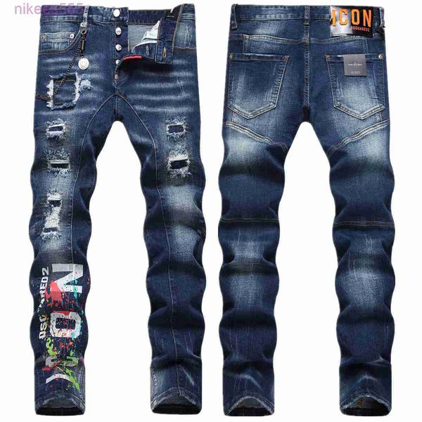 Designer-Trendy-Style-Street-Hip-Hop-Jeans mit zufälligem Thread-Patch zum Aufhängen, elastische kleine gerade Röhre, digital bedruckte Jeans