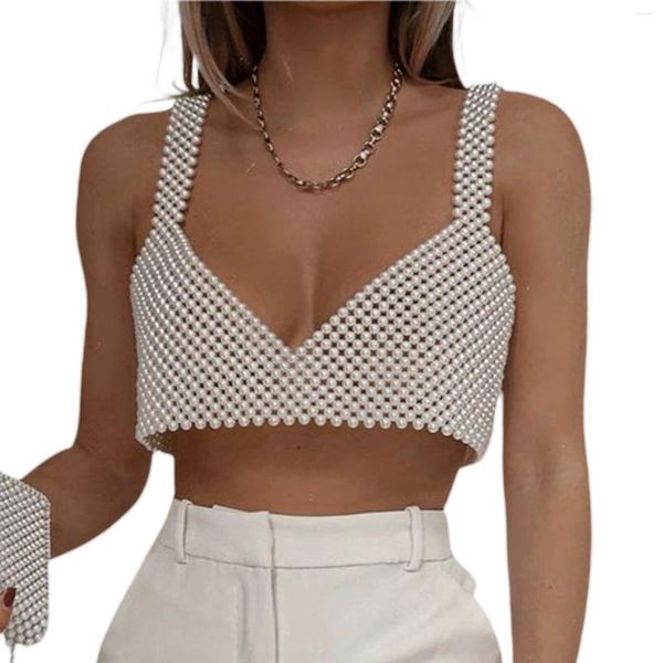 Женские танки Элегантные женщины Camisole Pearl Sexy Sexy Fishnet Randeveless Hollow Out Summer Beach Holiday Covers Chic Sweet Girls Club Wear