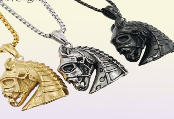 Collana con pendente a forma di teschio di cavallo in acciaio inossidabile gotico del cavaliere nero Collana con teschio di cavallo da guerra animale moda uomo BLKN07704372883